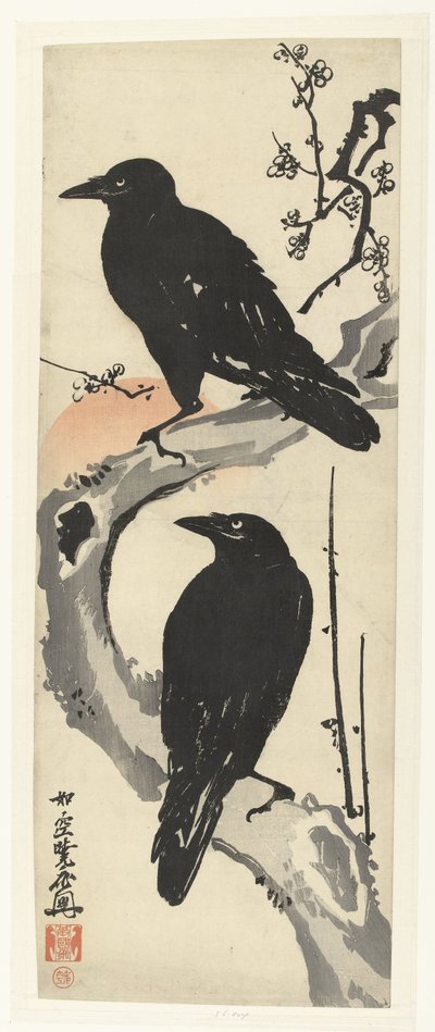 Gün batımında çiçek açan bir erik ağacının dalında oturan iki karga by Kawanabe Kyosai