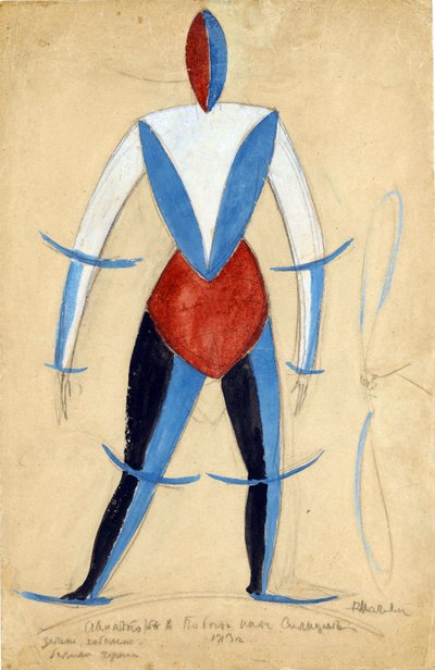 havacı. A. Kruchenykh par Malevich, Kasimir Severinovich (1878-1935) tarafından Güneşe Karşı Zafer operası için kostüm tasarımı by Kazimir Severinovich Malevich