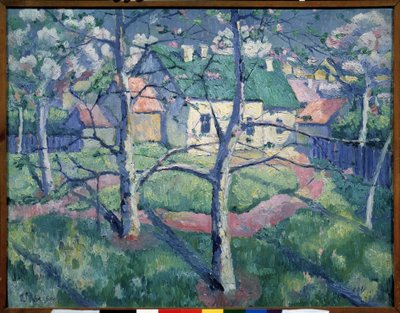 Elma Ağaçları Çiçek Açıyor. Yaz aylarında kırsal manzara, birkaç ev, bir yol, ağaçlar. Kasimir Severinovich Malevich