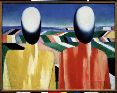 Köylüler (Köylüler). Ekili tarlalardan oluşan bir manzaranın önünde iki yüzü olmayan kafa. Kasimir Severinovich Malevich (Malevich, Maleviç) (1878-1935), tuval üzerine yağlı boya, 1930 civarı. Rus sanatı, avangart, 20. yüzyıl, süprematizm. Devlet Rus İlham by Kazimir Severinovich Malevich