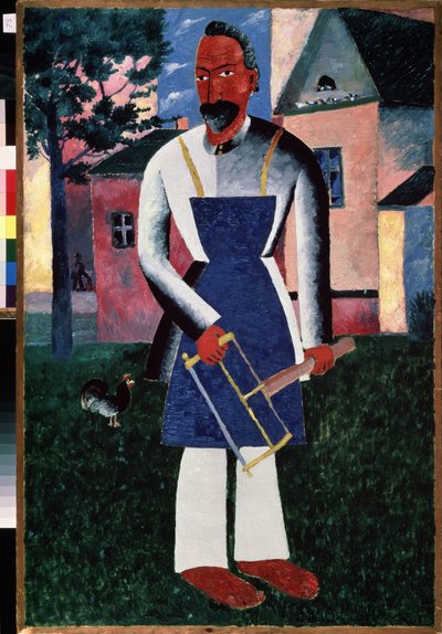 Yaz sakini. (Yaz Sakini). Yaz aylarında bir köy köyünün önünde, çıplak ayaklı, önlüklü, aletlerini tutan bir marangozun portresi. Kasimir Severinovich Malevitch (Malevich, Maleviç) (1878-1935), ahşap üzerine yağlı boya by Kazimir Severinovich Malevich