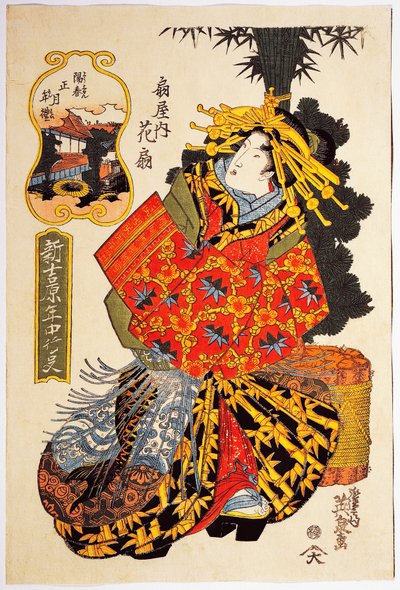 Fahişelerin bahar geçit törenindeki Ogiya evinden Nezaket Hanaogi, yaklaşık 1830, Keisai Eisen (1790-1848) tarafından ukiyo-e sanat baskısı, Oban tate-e gravür, 38.5 x25. 7 cm, Japon uygarlığı, Edo dönemi by Keisai Eisen