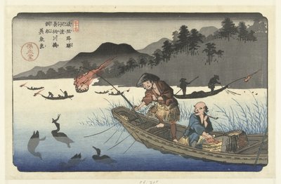 Kawado Nehri kıyısındaki Aalscholvervissersboten op de Nagae Kawado Nagaegawa ukaibune (nesnedeki başlık) De istasyonları van de Kisokaido (dizi başlığı) Kisoji eki (nesne üzerinde seri başlığı) by Keisai Eisen