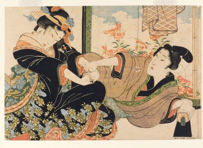 Boyalı bir ekranın yanında aşıklar, 1815-25 (tahta blok) by Keisai Eisen
