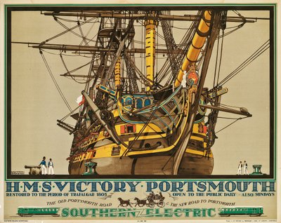 H.M.S. Zafer, Portsmouth, Southern Electric Demiryolları reklam afişi (renkli lito) by Kenneth Shoesmith