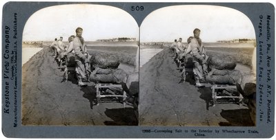 El arabası treniyle tuzun içeriye taşınması, Çin, 1906 by Keystone View Company
