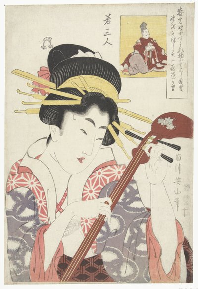 Shamisen olan kadın Üç genç şair (dizi adı) Waka sanjin (nesne üzerinde dizi başlığı) by Kikugawa Eizan