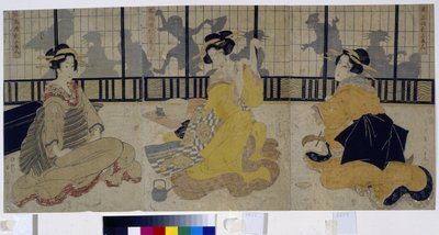 Üç güzelin bayramı. (Üç Güzeller Bayramı). Edo döneminden veya Tokugawa döneminden (1600-1868) bir çayevinde (ochaya) üç fahişe (geyşa, geiko) grubu. Kikukawa Eizan (1787-1867), gravür (baskı) 1814 eseri. Art i by Kikukawa Eizan