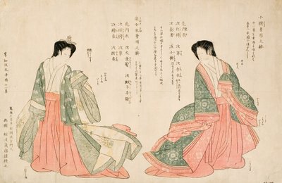 İki mahkeme kostümü giyen kadınlar, 1801 (tahta blok) by Kikukawa Eizan