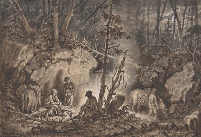 1830-60, geceleri bir ormanda dinlenen avcılar. by Kilian Christoffer Zoll