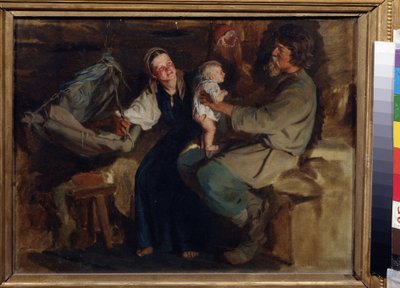 Ebeveyn Sevinci. Mütevazı bir iç mekanda, birkaç köylü, baba oturmuş, yarı çıplak bebeğini dizlerinin üzerinde dengeli bir şekilde yanlarında tutuyor, anne gülümsüyor ve beşiği havada tutuyor. Kirill (Karl) Vikentlevic tarafından yapılan boyama by Kirill Vikentievich Lemoch