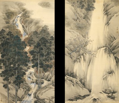 İlkbahar ve Sonbaharda Şelale İki asılı parşömen seti, 1893 by Kishi Chikudo