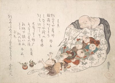 Hotei Küçük Oğlanlarla Dolu Çantasını Açarken, ca. 19. yüzyılın başlarında. by Kita Busei