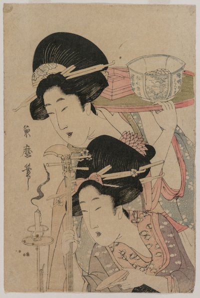 Bir Mum Yanında İki Geyşa by Kitagawa Tsukimaro