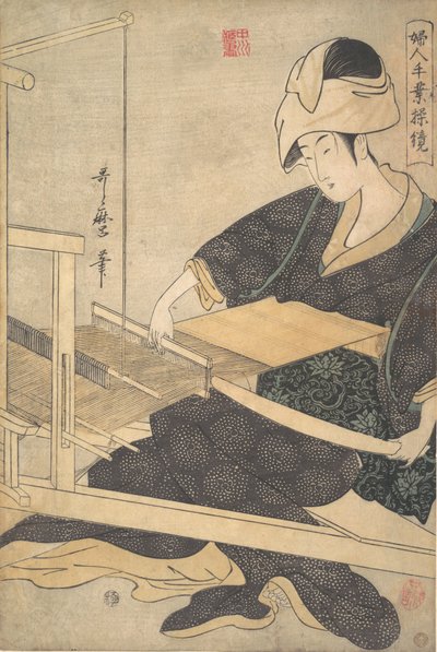 Dokuma Yapan, El Tezgahında Oturan Bir Kadın, ca. 1796. by Kitagawa Utamaro