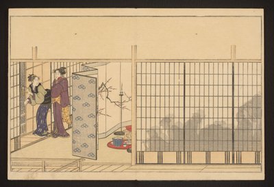 Solda iki kadının olduğu bir evde parti by Kitagawa Utamaro