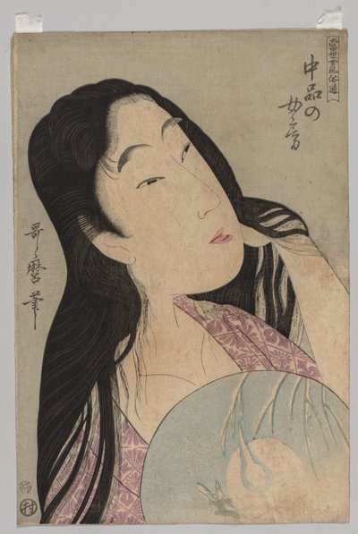 Gevşek saçlı, yelpaze tutan kadın büstü by Kitagawa Utamaro