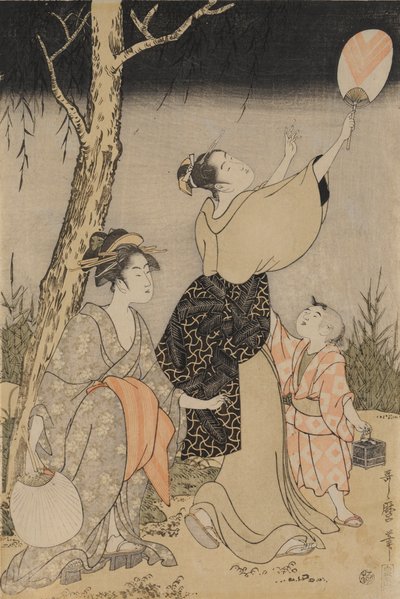 Söğüt Ağacının Altında Ateşböceklerini Yakalamak (solda) by Kitagawa Utamaro
