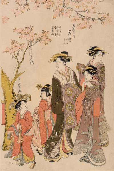Kiraz ağaçlarının altında gezinen cariyeler, c.1789 (tahta baskı) (203664 detayı) by Kitagawa Utamaro