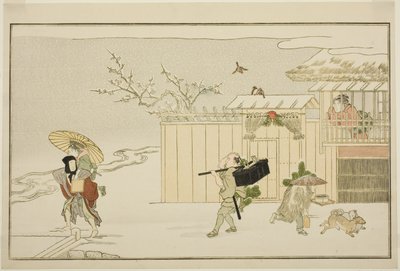 "Genç Tanrı Ebisu (Waka Ebisu)" resimli kyoka antolojisinden Karda Yeni Yıl Hediyeleri Vermek by Kitagawa Utamaro