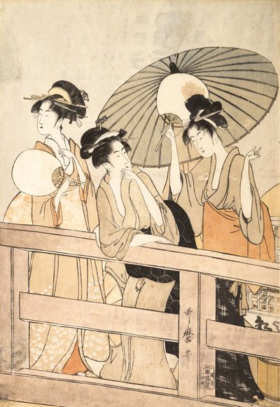 Köprüde ve Altında Serin Akşam Esintisinin Keyfini Çıkarmak, ca. 1800. by Kitagawa Utamaro
