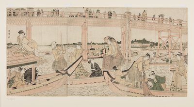 Rygoku Köprüsü Altında Ağlı Balıkçı Tekneleri (renkli tahta baskı) by Kitagawa Utamaro