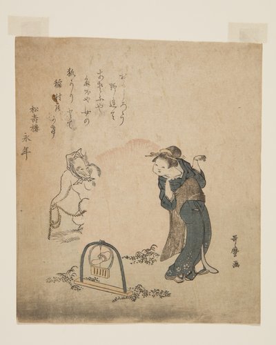 Bir Kadını Yakalayan Tilki (renkli tahta baskı) by Kitagawa Utamaro