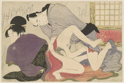 Geyşa ve sevgilisi, bağımsız katlanır ekranda Negai no itoguchi (dizi adı) by Kitagawa Utamaro