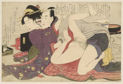 Uzun kollu kimonolu geyşa ve sevgilisi Negai no itoguchi (dizi adı) by Kitagawa Utamaro