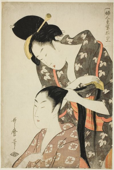 Kuaför, "Kadın El Sanatlarının On İki Türü (Fujin tewaza juni ko)" serisinden by Kitagawa Utamaro
