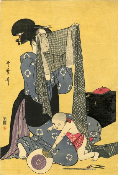 Hari-shigoto İğne Oyası. Üç Parçalı, sol kısım, 1795. by Kitagawa Utamaro