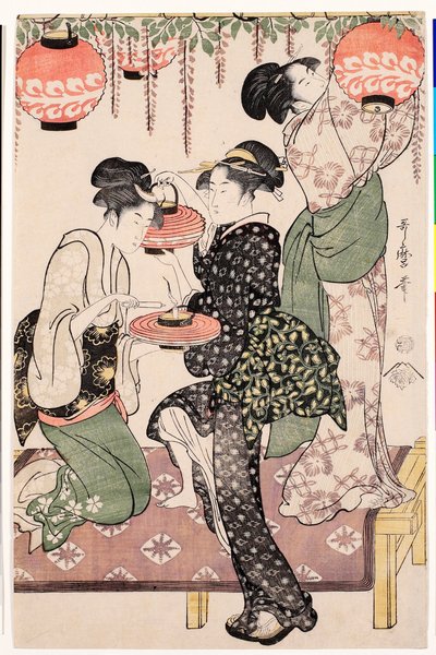 Bir Japon çay evinden genç kızlar, bir salkım espalierinden fenerler asıyor - Baskı Kitagawa Utamaro (1753-1806), yaklaşık 1795, linocut - Bir wisteria espalier