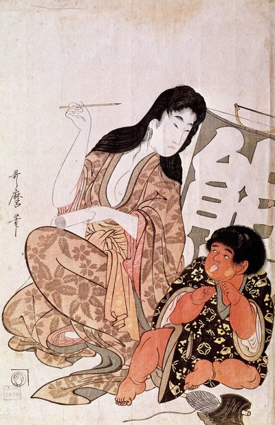 Kintaro et Yamauba calligraphiant, serie: Yamauba et Kintaro Japanese print by Utamaro Kitagawa (1753-1806). Sun. 0,38x0,26 m. 1790-1806. Paris, Guimet Museum, National Museum of Asian Arts by Kitagawa Utamaro
