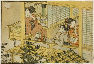 Ay Görüntüleme Partisi, resimli kitaptan "Resimli Kitap: Dört Mevsim Çiçekleri (Ehon shiki no hana)," cilt. 2 by Kitagawa Utamaro