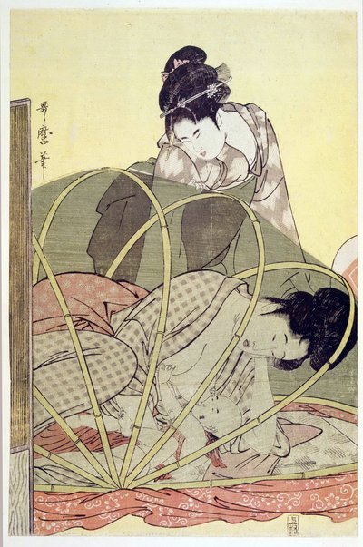 Sivrisinek Ağı altında Bebek Emziren Anne Utamaro, Kitagawa (1753-1806), c. 1795 - Renkli gravür, 37,6x24,6 - Özel Koleksiyon by Kitagawa Utamaro