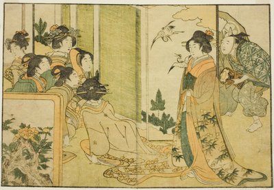 Feodal Lordun Konağında Yeni Yıl Manzai Gösterisi, "Resimli Kitap: Dört Mevsimin Çiçekleri (Ehon shiki no hana)," cilt 1 by Kitagawa Utamaro