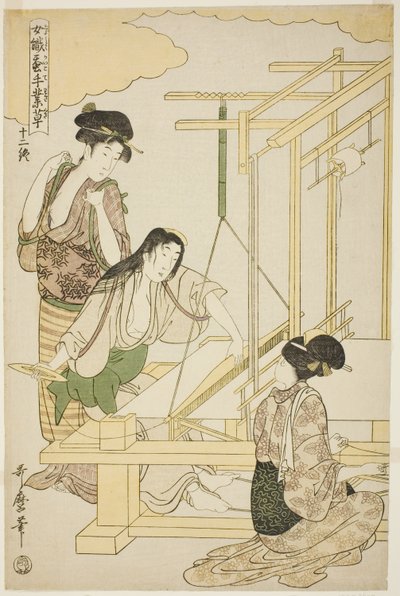 12 (haziran), "İpek Kültürü Sektöründe İş Yapan Kadınlar (Joshoku kaiko tewaza-gusa)" dizisinden by Kitagawa Utamaro