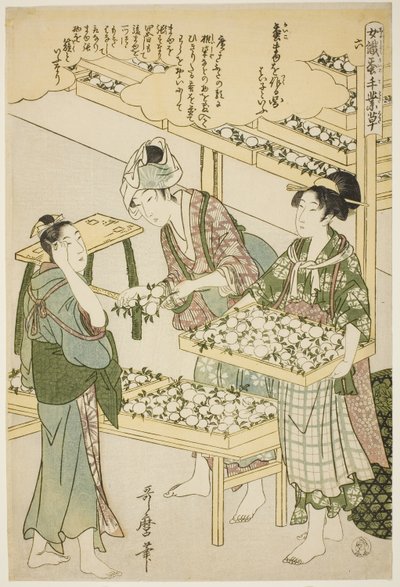 6 numara (roku), "İpek Kültürü Sektöründe Çalışan Kadınlar (Joshoku kaiko tewaza-gusa)" serisinden by Kitagawa Utamaro