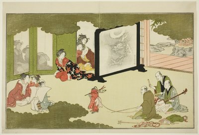 "Genç Tanrı Ebisu (Waka Ebisu)" başlıklı resimli bir şiir antolojisinden Eğitimli Bir Maymun Performansı by Kitagawa Utamaro