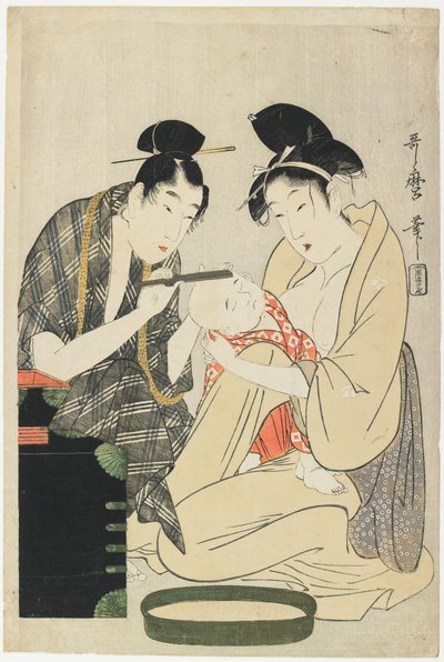 Bir Çocuğun Kafasının Tıraşlanması, Edo Dönemi, c.1801 (renkli tahta baskı) by Kitagawa Utamaro