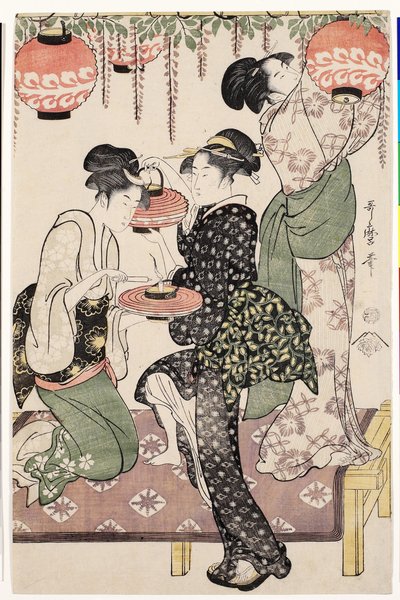Bir wistaria espalier altında çayevi kızları, 1795 by Kitagawa Utamaro