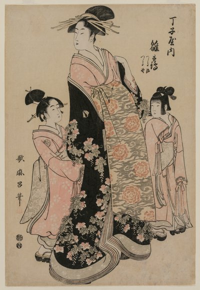 Onun Görevlileri Tsuruji ve Tsuruno ile Chojiya'nın Fahişe Hinazuru, c. 1794. by Kitagawa Utamaro
