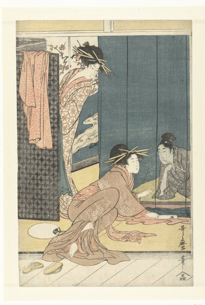 İki fahişe ve bir cibinlik altında genç bir adam by Kitagawa Utamaro