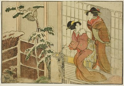 Karlı Bir Sabahta Verandada İki Kadın, resimli kitaptan "Resimli Kitap: Dört Mevsim Çiçekleri (Ehon shiki no hana)," cilt. 2 by Kitagawa Utamaro