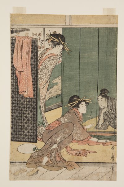 İki fahişe ve bir cibinlik altında genç bir adam (renkli tahta baskı) by Kitagawa Utamaro