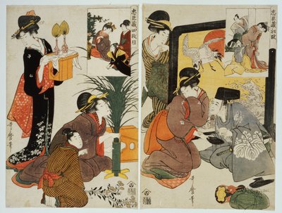 "Sadık Lig" dizisinden bir Edo Dönemi evinin günlük yaşamını anlatan iki sahne by Kitagawa Utamaro