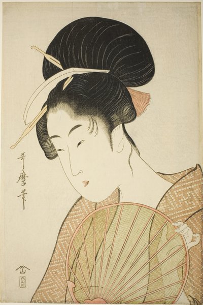 Yuvarlak bir yelpaze tutan kadın by Kitagawa Utamaro