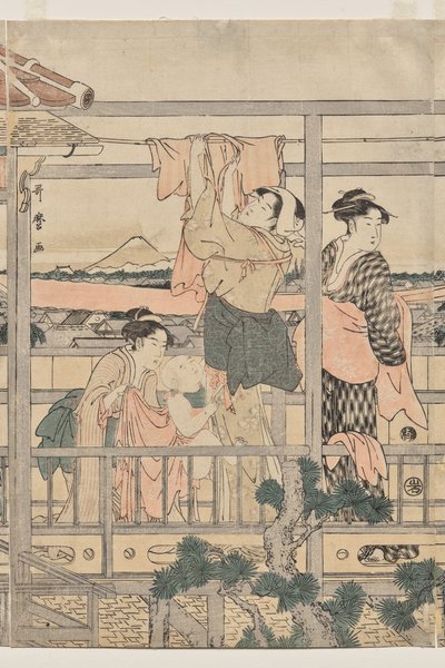Balkonda Kurutmak İçin Çamaşır Asan Kadınlar by Kitagawa Utamaro