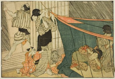 Fırtına Sırasında Cibinlik İçinde Kadınlar, resimli kitaptan "Resimli Kitap: Dört Mevsim Çiçekleri (Ehon shiki no hana)," cilt. 1 by Kitagawa Utamaro