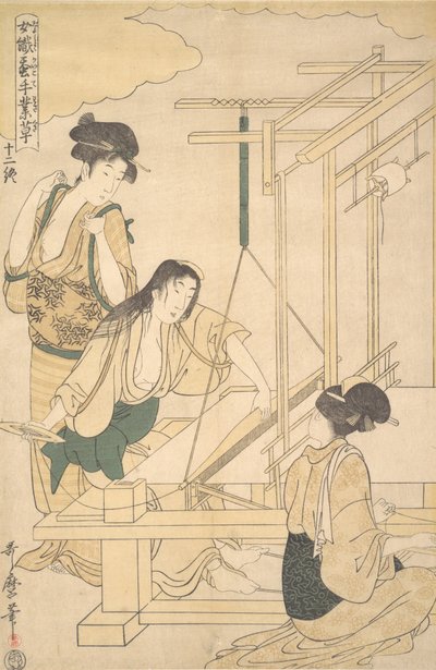 İpek Kumaş Dokuyan Kadınlar, yak. 1800. by Kitagawa Utamaro